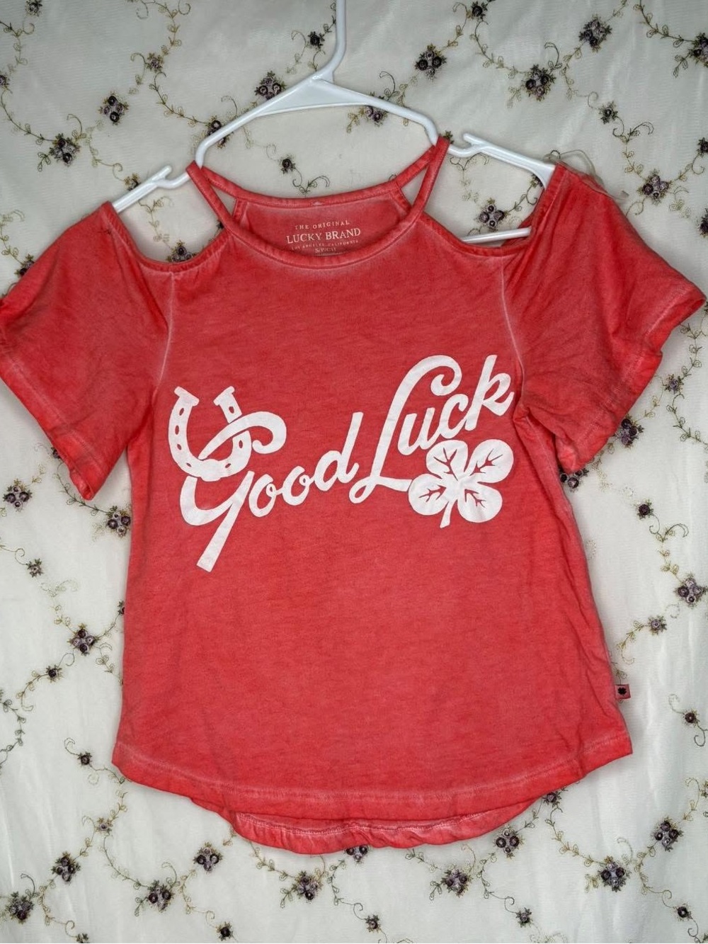 Lucky Brand Coral Red 'Good Luck' Cold-Shoulder Tee